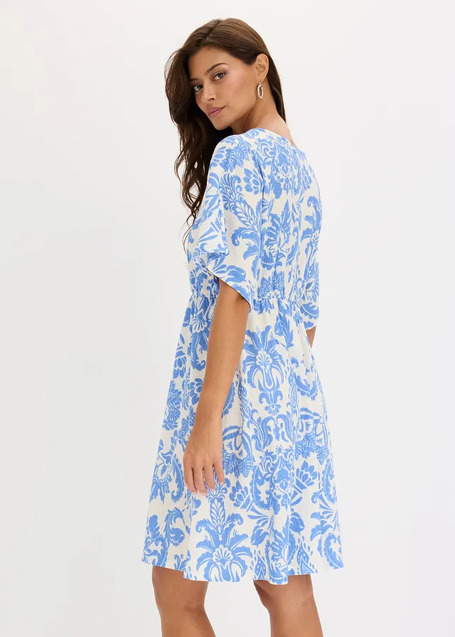 Robe-tunique à décolleté plongeant, Couleur: blanc nacré-bleu imprimé