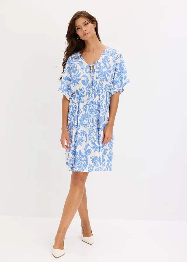 Tuniekjurk met diep decolleté • parelwit-blauw gedessineerd • product-page.page-title-suffix
