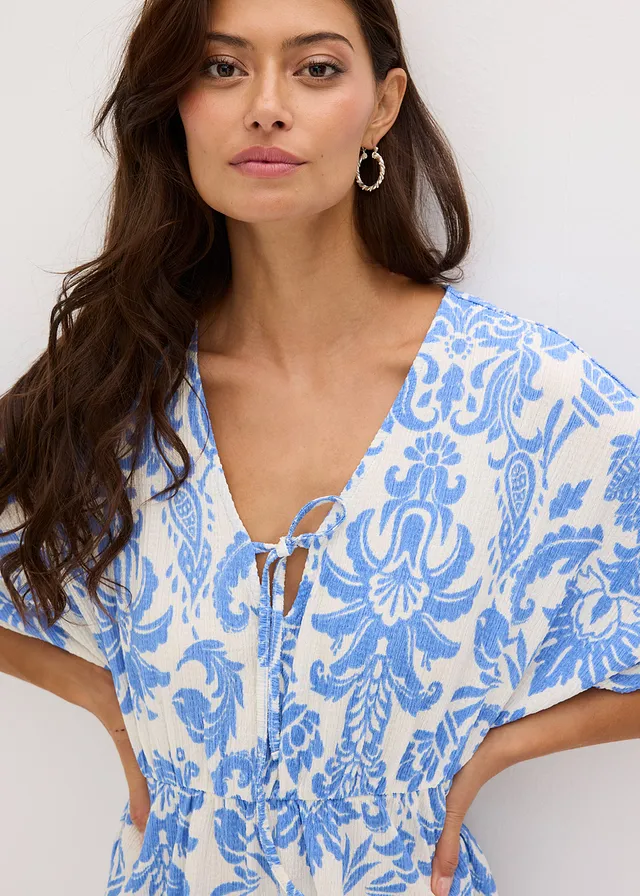 Tunikové šaty s hlubokým výstřihem • perlově bílo-modrá s potiskem • bonprix obchod