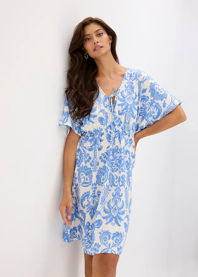 Robe-tunique à décolleté plongeant • blanc nacré-bleu imprimé • product-page.page-title-suffix