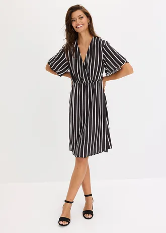 Rochie mini cu decolteu adânc • negru-ecru cu dungi • magazin bonprix