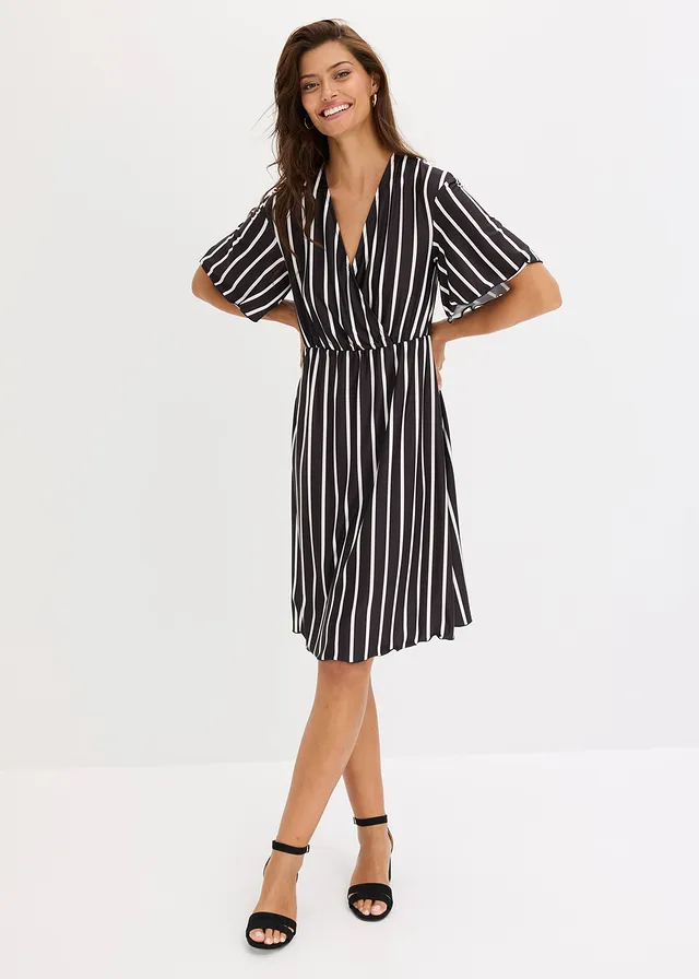 Robe courte avec décolleté plongeant, Couleur: noir-écru rayé