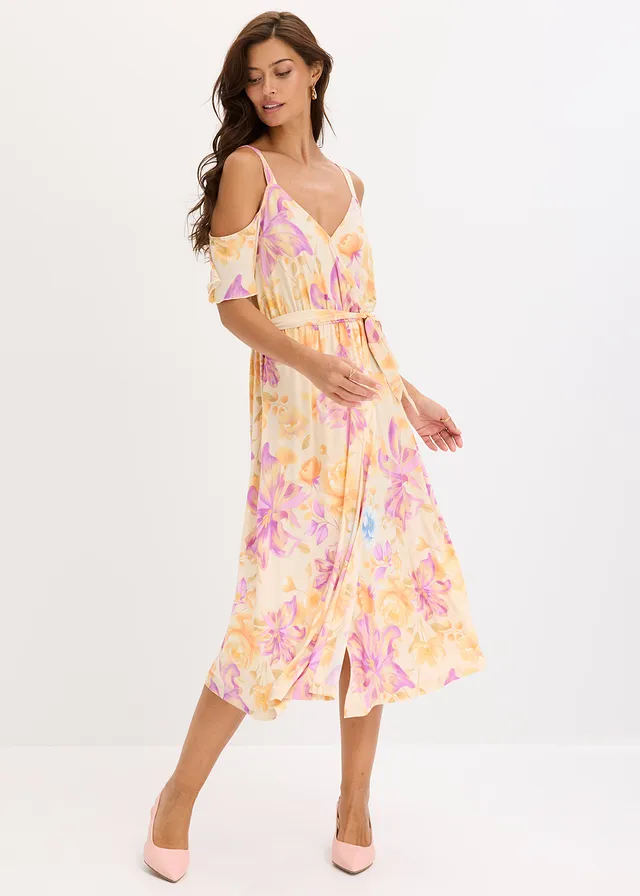 Midi jurk met open schouders, Kleur: lichtsand gebloemd