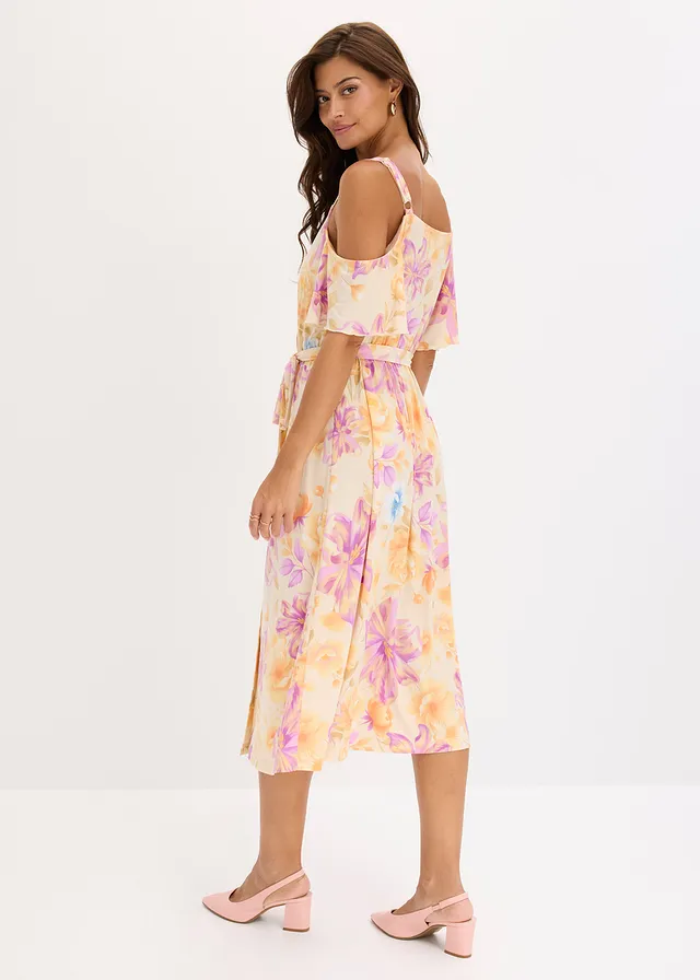 Midi jurk met open schouders, Kleur: lichtsand gebloemd