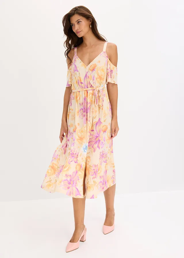 Midi jurk met open schouders, Kleur: lichtsand gebloemd