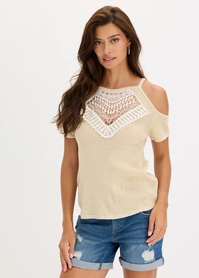Gebreid shirt met kant, Kleur: lichtsand