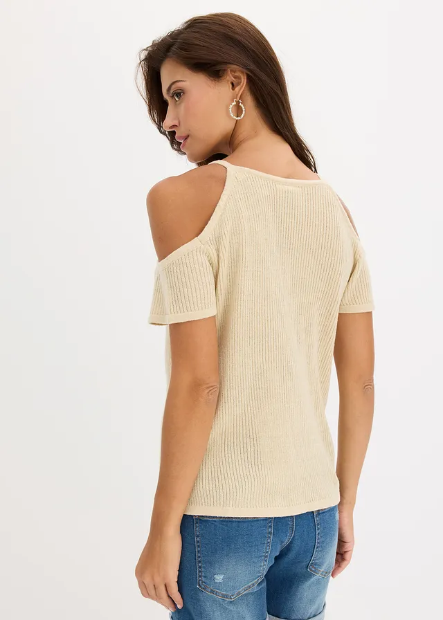 Gebreid shirt met kant, Kleur: lichtsand