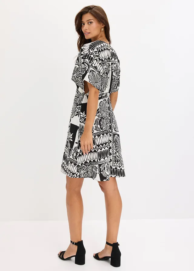 Mini jurk met diep decolleté • zwart-wit gedessineerd • product-page.page-title-suffix