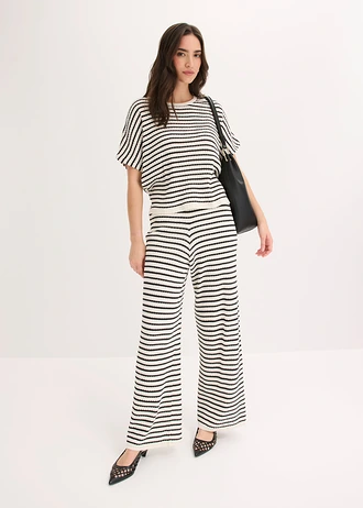 Gebreide broek van luchtige linnenmix, Kleur: parelwit-zwart gestreept