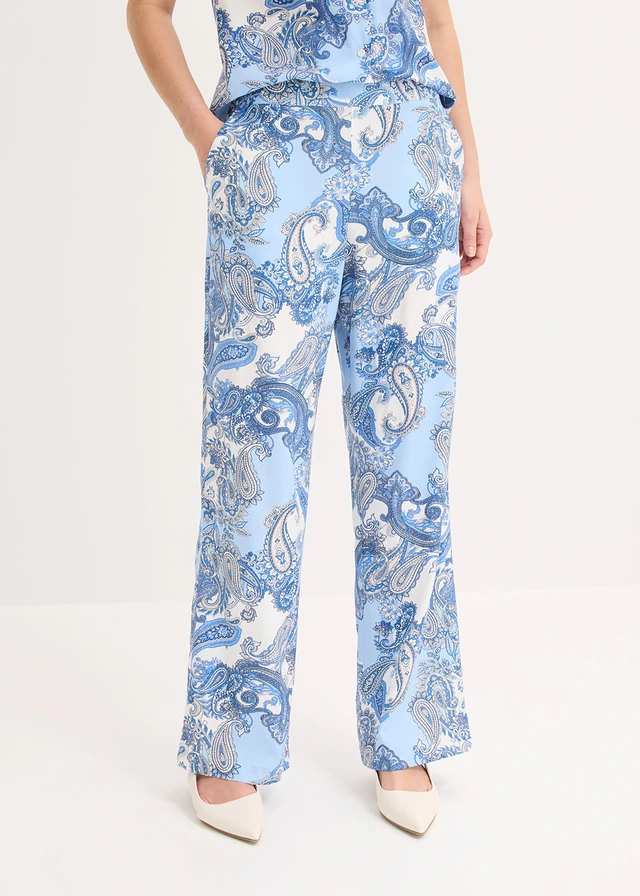 Gedessineerde broek van soepele viscose, Kleur: wit-lichtblauw