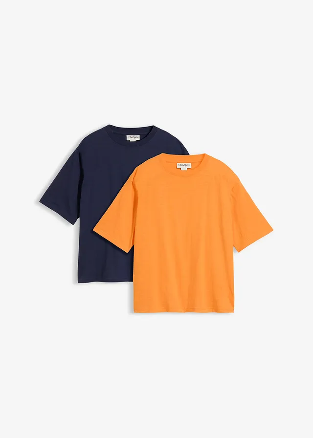 Lot de 2 T-shirts amples en fil flammé 100% coton • bleu foncé-orange vif • Boutique bonprix