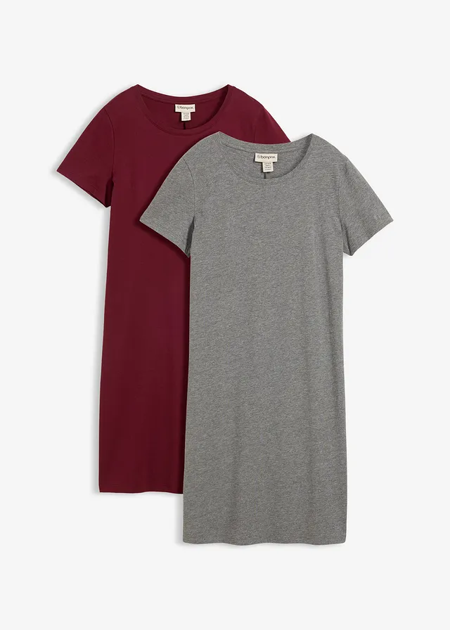 Lot de 2 robes en jersey 100% coton, Couleur: gris chiné-rouge érable