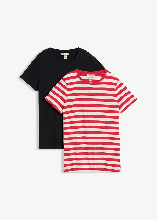 Lot de 2 T-shirts col rond en coton, Couleur: rouge-écru-noir