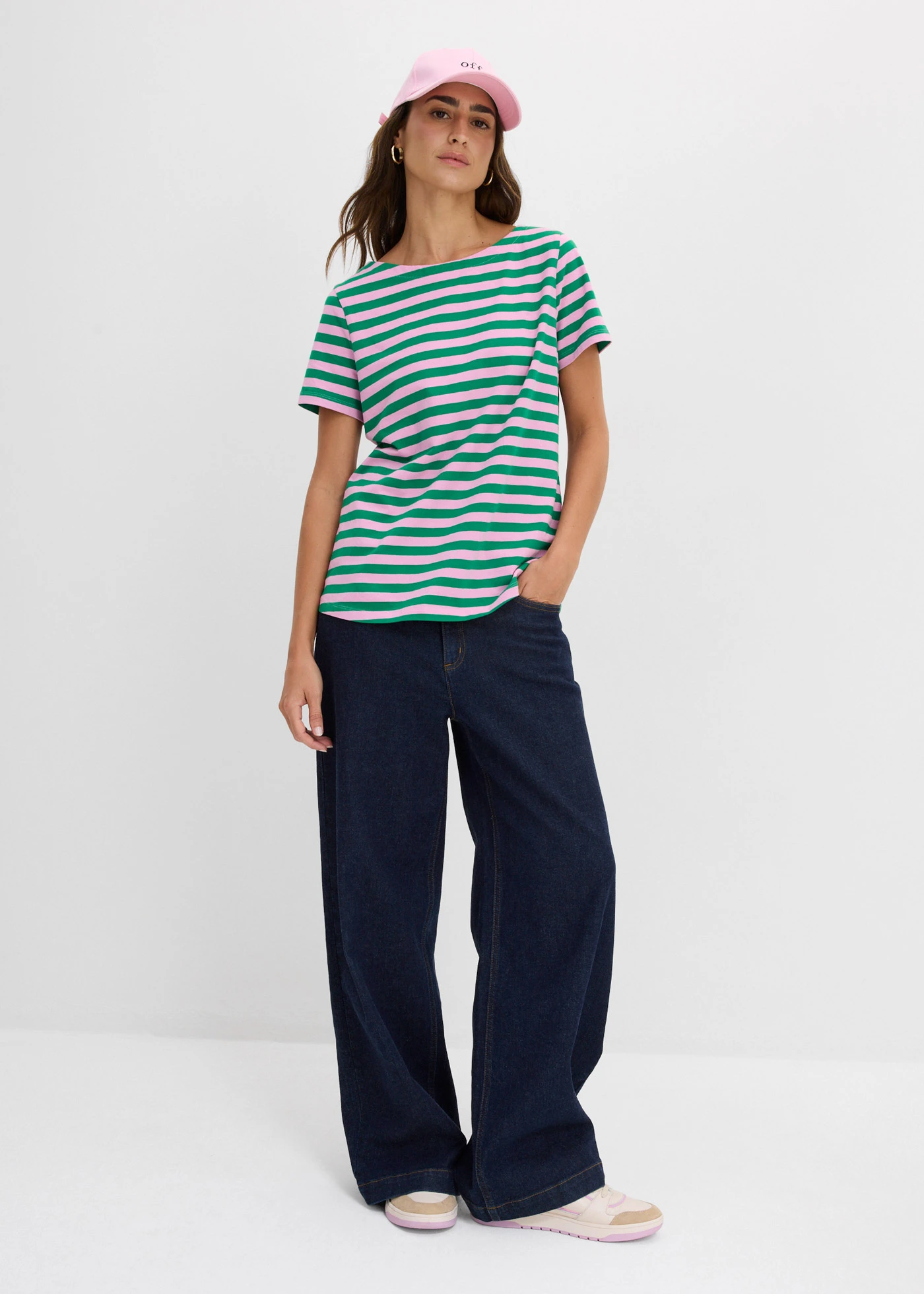 Tricou cu decolteu bărcuță • roz/verde-nestemată cu dungi • magazin bonprix