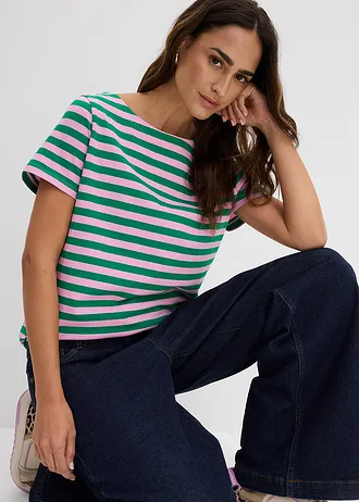 T-shirt met boothals • roze/edelsteengroen gestreept • bonprix online shop