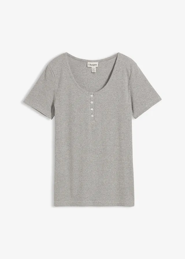 Bluzka z dekoltem henley z czystej bawełny organicznej • jasnoszary melanż • sklep bonprix