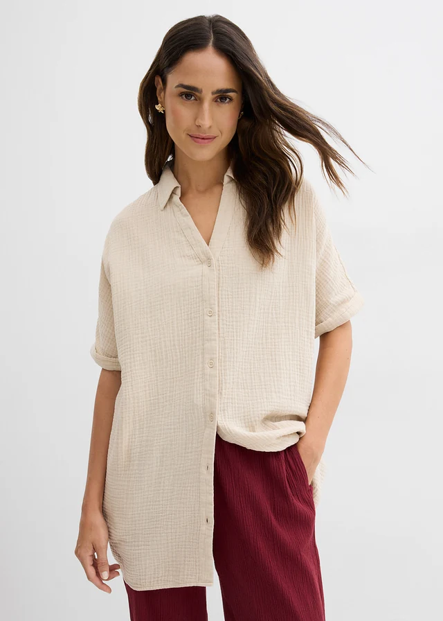 Lange, oversized blouse van mousseline • lichtsand • product-page.page-title-suffix