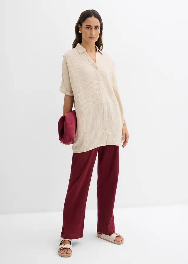 Chemisier long, oversize et doux en gaze de coton rouge rubis