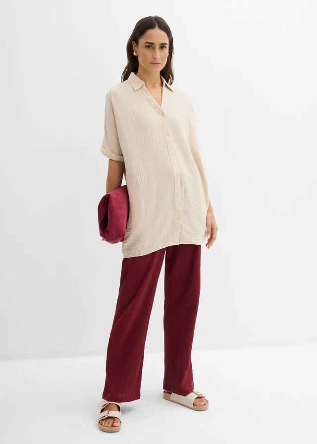 Lange, oversized blouse van mousseline, Kleur: lichtsand