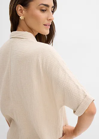 Chemisier long, oversize et doux en gaze de coton • sable clair • Boutique bonprix