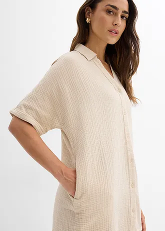 Lange, oversized blouse van mousseline • lichtsand • bonprix online shop