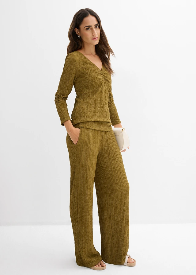 Shirt en broek van zachte  gestructureerde crêpe (2-dlg. set), Kleur: natuurgroen