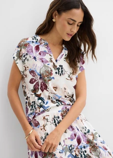 Bluză tricot-tunică cu mâneci scurte din viscoză fluidă • bej-natur floral • magazin bonprix