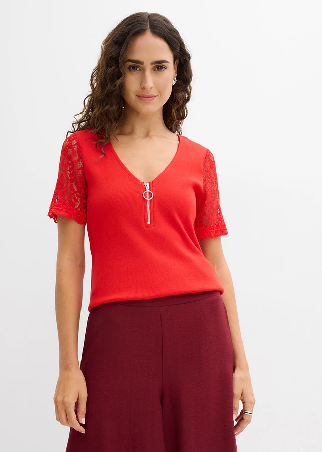 Geribd shirt van katoen, Kleur: aardbeirood