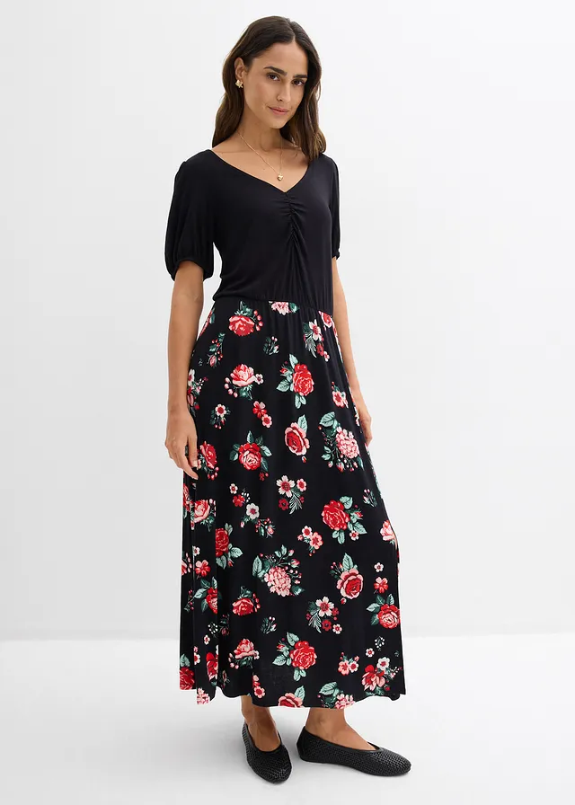 Robe longue en viscose extensible, Couleur: noir floral