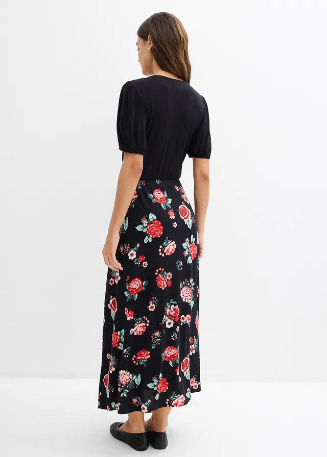 Robe longue en viscose extensible, Couleur: noir floral