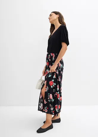 Robe longue en viscose extensible, Couleur: noir floral
