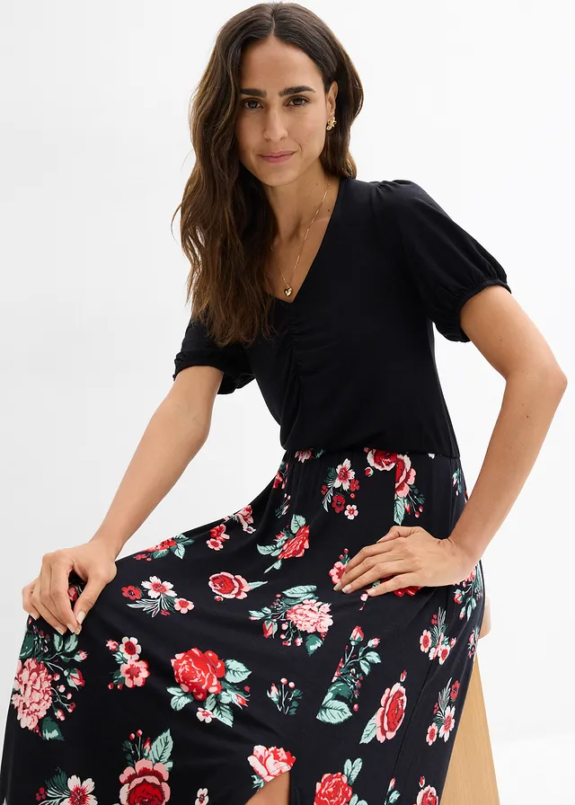 Robe longue en viscose extensible • noir floral • product-page.page-title-suffix