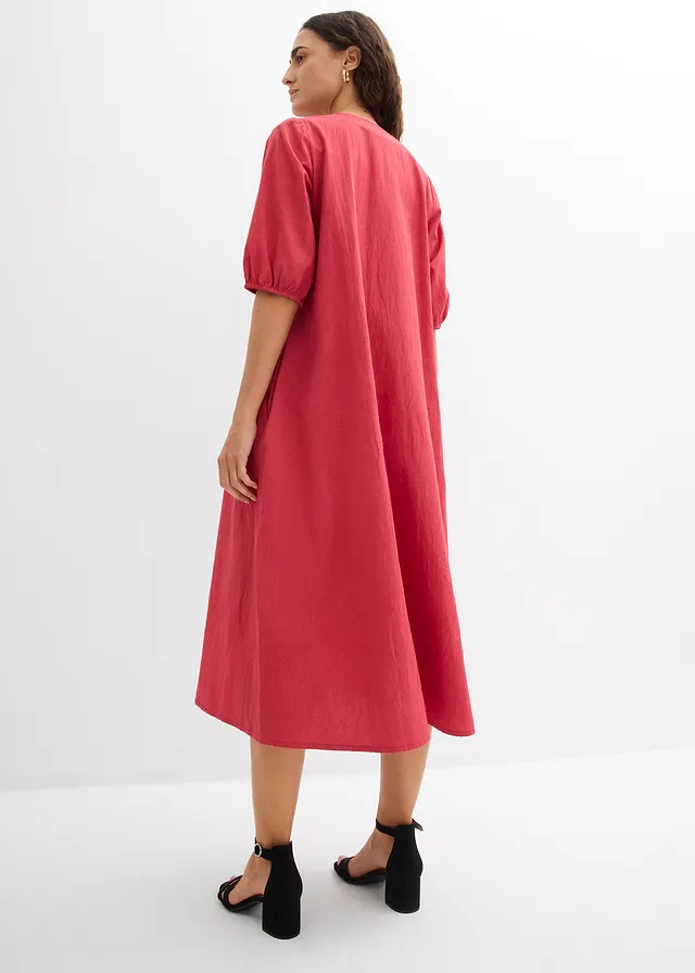Robe midi 100% coton, Couleur: rouge cerise