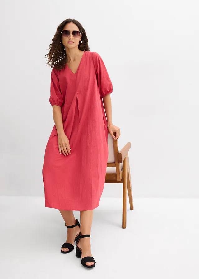 Robe midi 100% coton, Couleur: rouge cerise