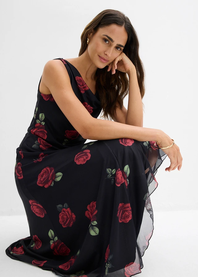 Robe midi en mesh doux • noir floral • product-page.page-title-suffix