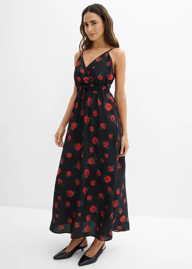 Maxi jurk van soepele viscose • zwart-kersenrood gebloemd • product-page.page-title-suffix