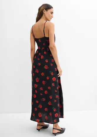 Rochie maxi din viscoză fluidă • negru-roșu-cireașă înflorat • magazin bonprix