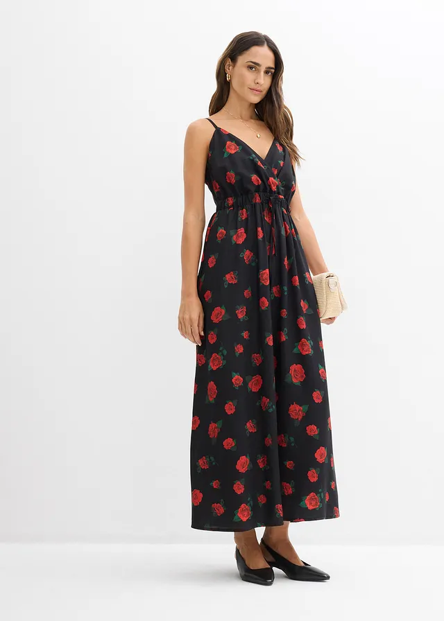 Maxi jurk van soepele viscose • zwart-kersenrood gebloemd • product-page.page-title-suffix