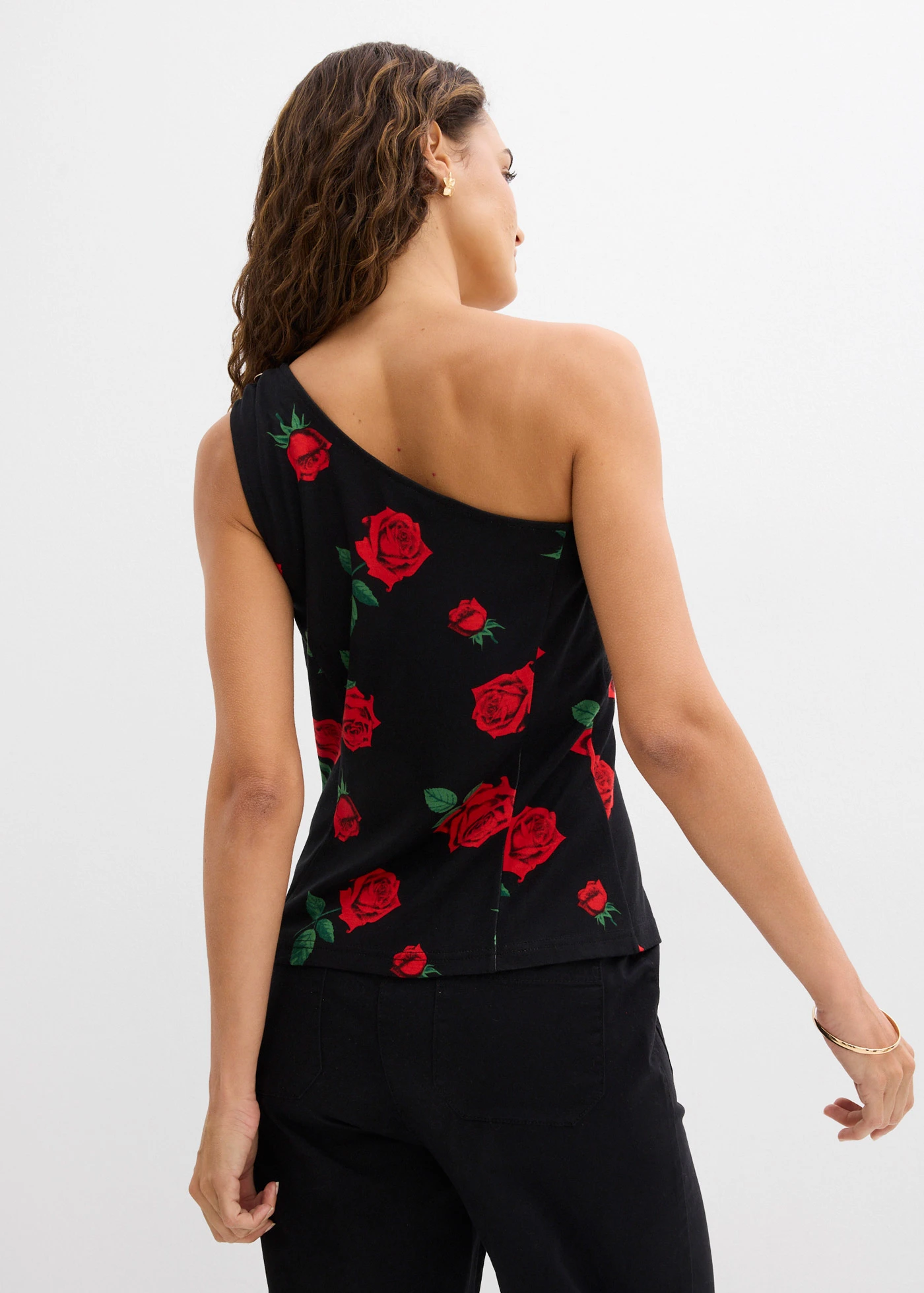 Egyvállas top • fekete/virágmintás • bonprix áruház