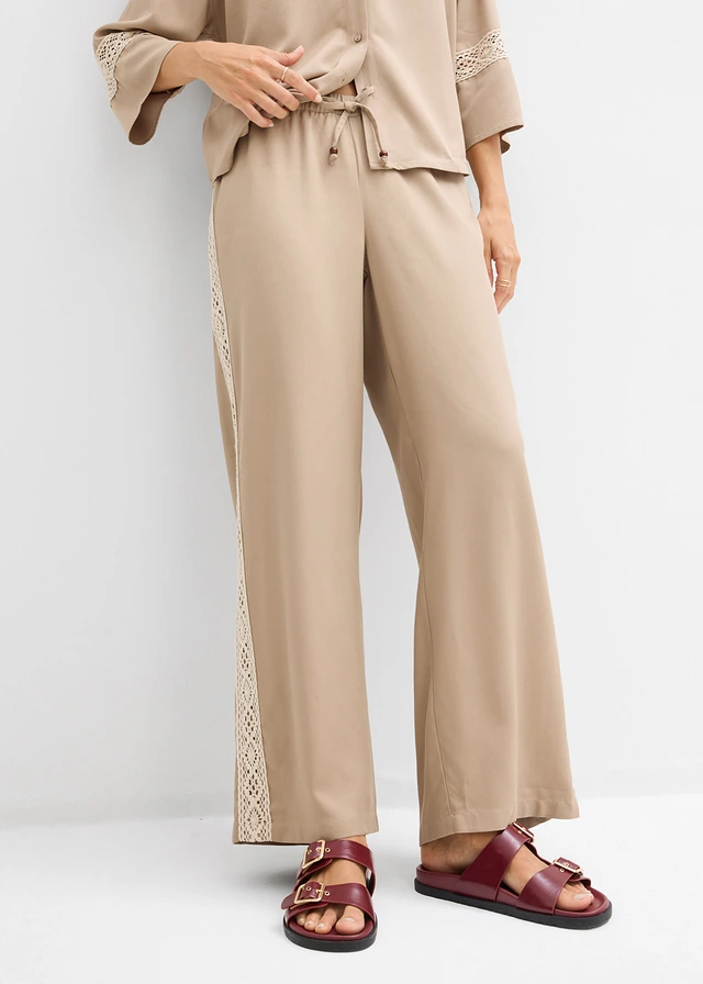Wijde broek van soepele viscose, Kleur: rietbeige
