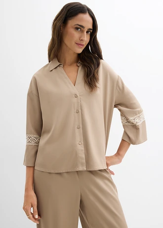 Blouse van soepele viscose, Kleur: rietbeige-kiezelgrijs