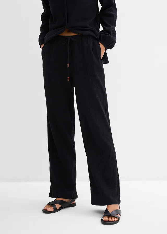 Wijde broek van gestructureerde crinkle, Kleur: zwart