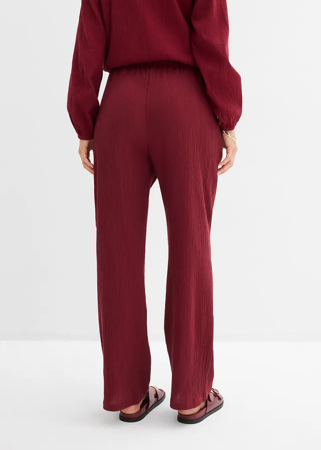 Wijde broek van gestructureerde crinkle, Kleur: robijnrood