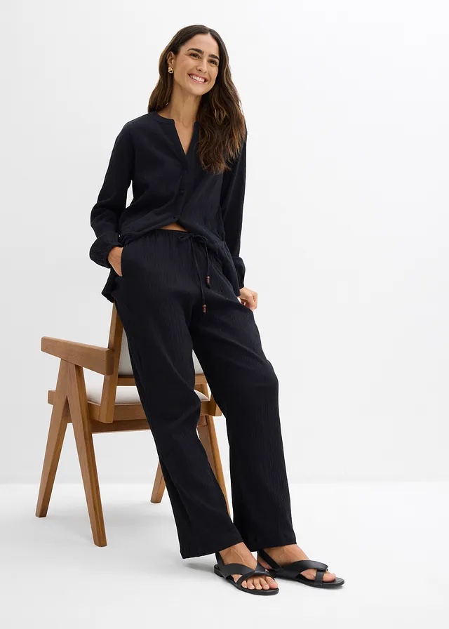 Wijde broek van gestructureerde crinkle, Kleur: zwart