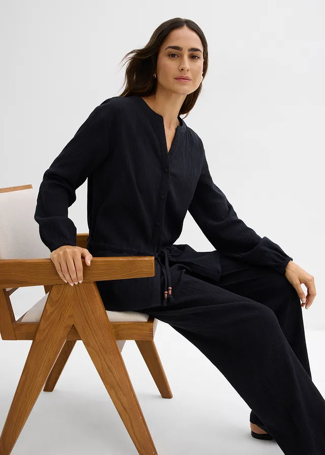 Wijde broek van gestructureerde crinkle • zwart • product-page.page-title-suffix