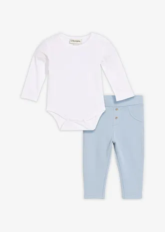 Body et pantalon en coton (ens. 2 pces), Couleur: blanc + bleu pâle