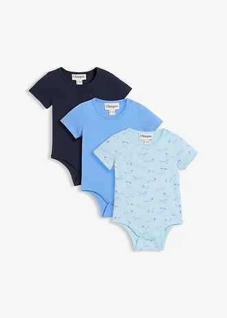 Lot de 3 bodys manches courtes 100% coton, Couleur: bleu foncé + bleu moyen + bleu brume imprimé