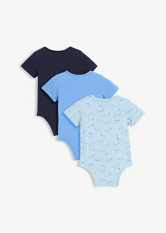 Body cu mânecă scurtă, din bumbac organic 100% (set de 3 body), culoare: bleumarin+albastru mediu+ albastru cețos cu imprimeu