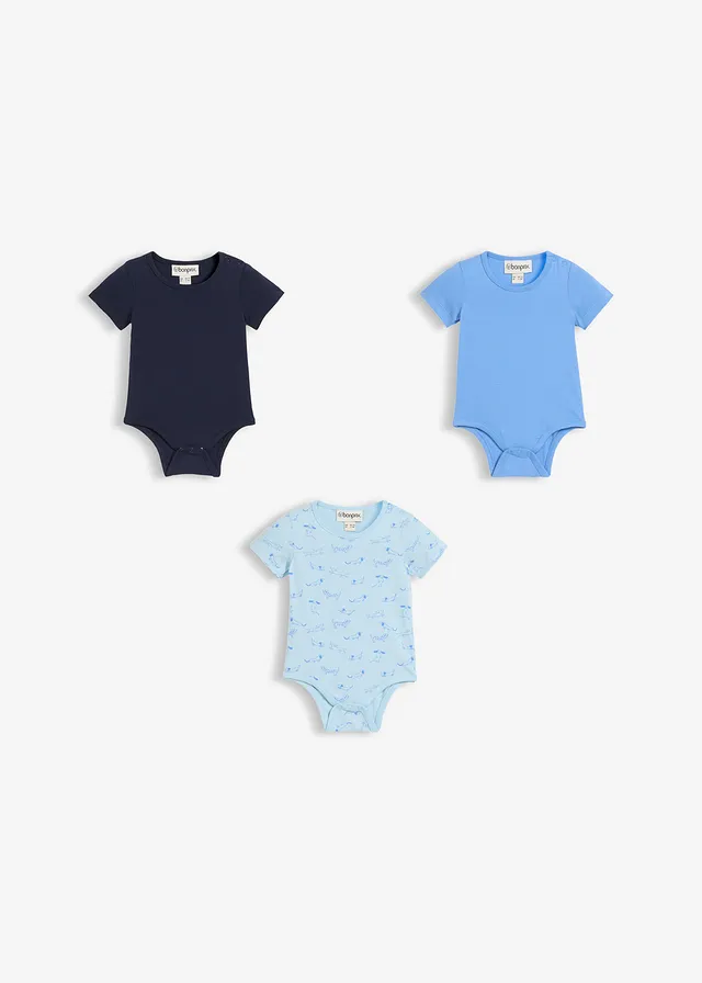 Body cu mânecă scurtă, din bumbac organic 100% (set de 3 body) • bleumarin+albastru mediu+ albastru cețos cu imprimeu • magazin bonprix