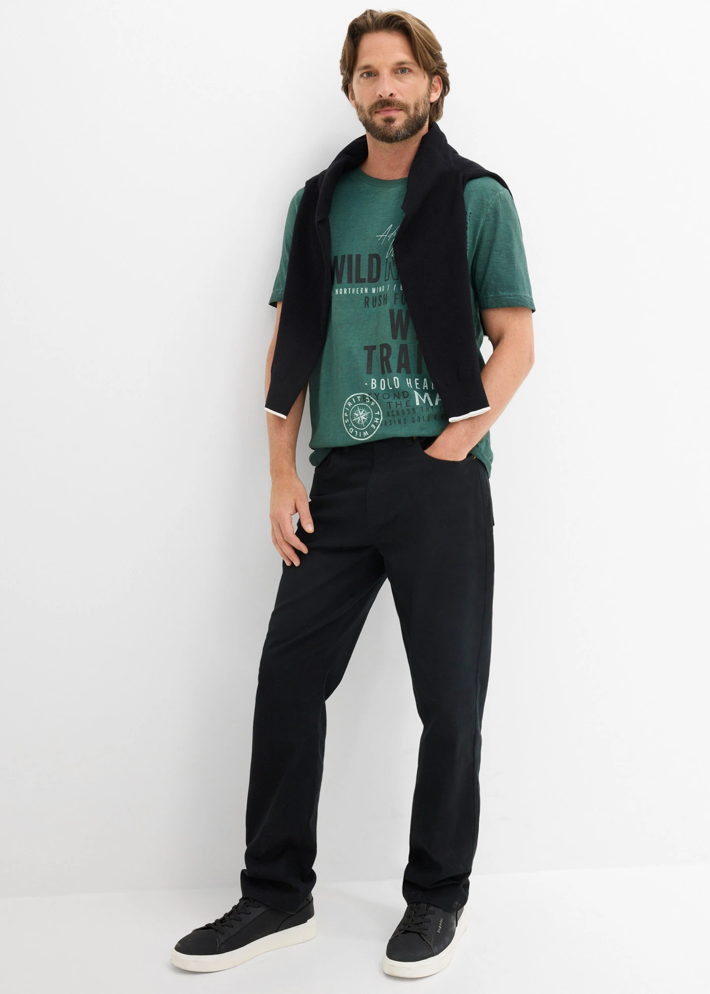 T-shirt aspect délavé, 100% coton • vert profond imprimé • Boutique bonprix